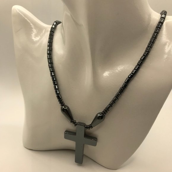 Hematite Cross Necklace Unisex 16 inch Necklace with Hematite 2 in Cross NEW - Picture 3 of 9